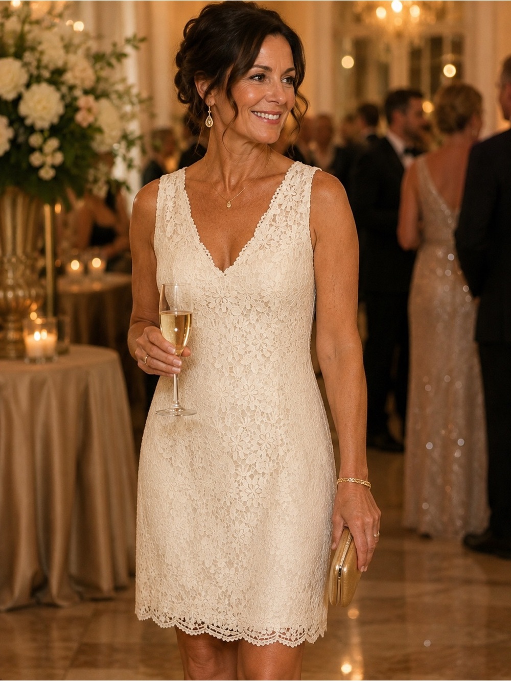 Ann Taylor Ivory Floral Lace V-Neck Fully Lined Cocktail Dress
